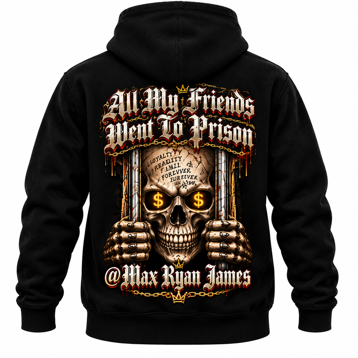 Black hoodie back with large All My Friends Went To Prison skull behind prison bars artwork and @Max Ryan James
